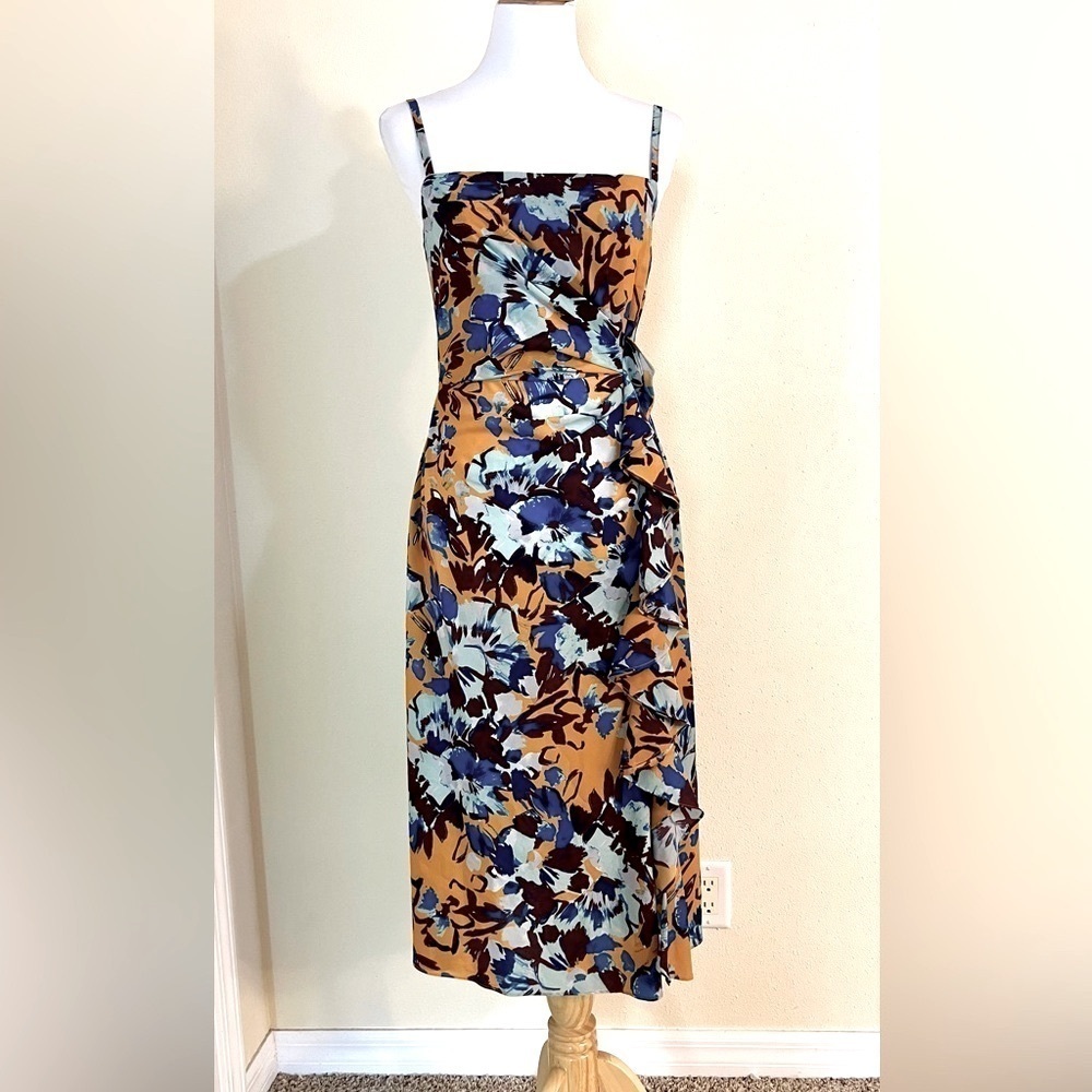 Prabal Gurung Ochre Floral Side Ruffle midi Dress cottagecore boho luxury size 6